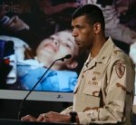 US ARMY BRIGADIER GENERAL BROOKS BRIEFS JOURNALISTS AT A MEDIA CENTER IN&nbsp;DOHA