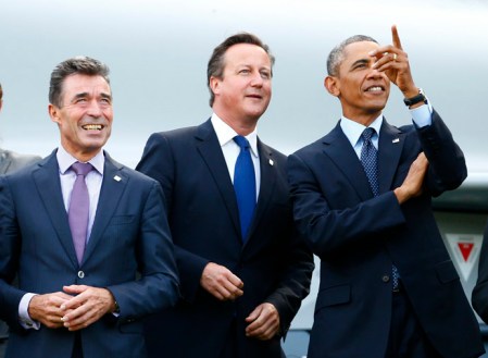 Government leaders watch a fly-past during the NATO summit at the Celtic Manor resort, near Newport